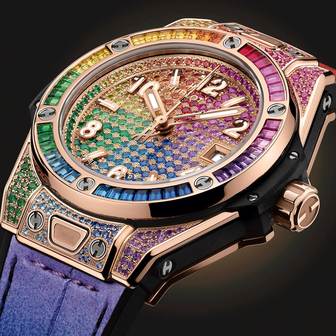 Hublot Big Bang One Click King Gold Rainbow 485.OX.9900.LR.0999 Shop HUBLOT now at Watches of Switzerland Perth, Sydney and Melbourne Airport.