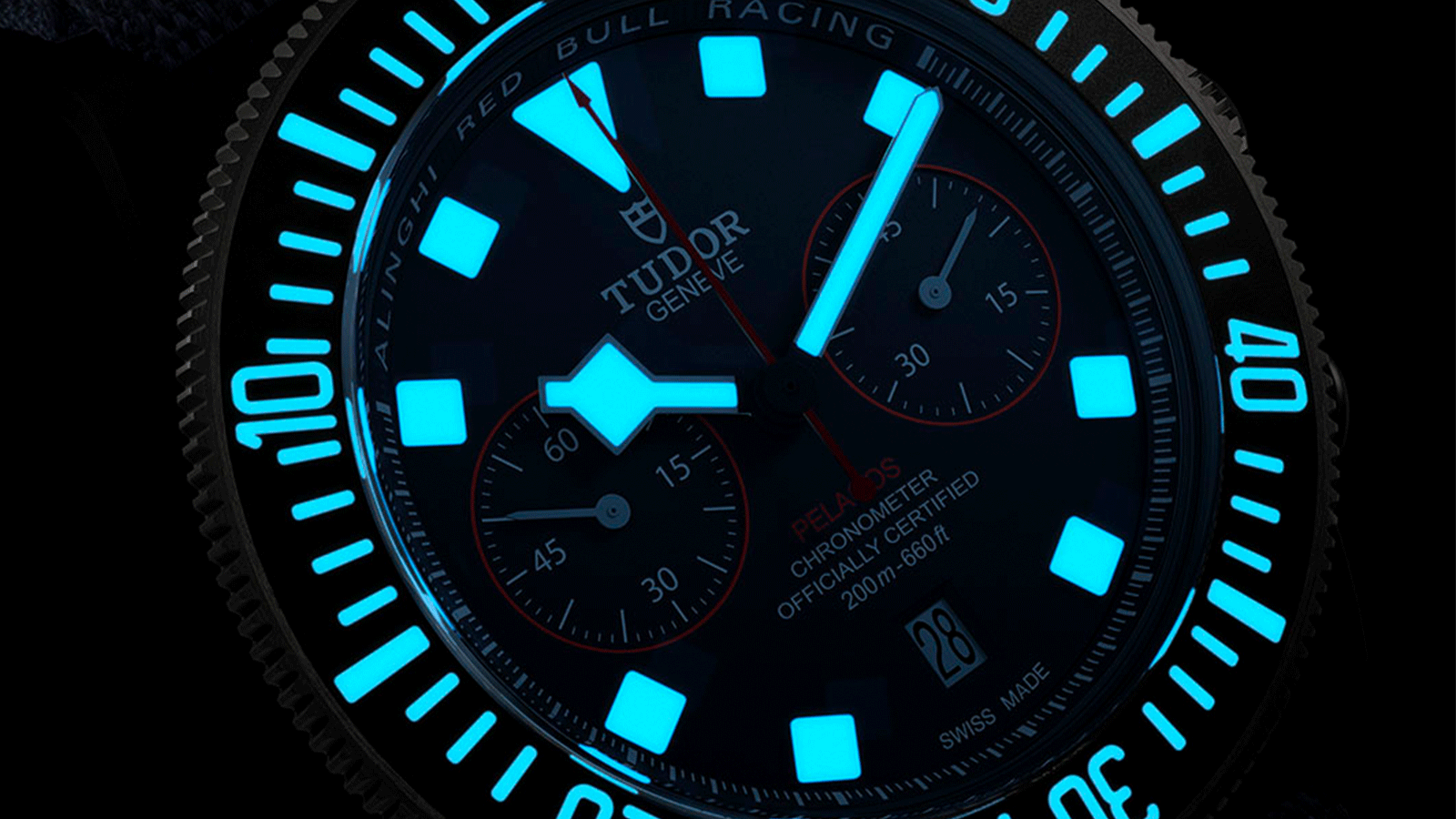 The dial on the new TUDOR Pelagos FXD Chrono "Alinghi Red Bull Racing Edition" features the luminous material Swiss Super-LumiNova® Grade X1 – showing a performance increase of up to 60% after two hours compared to standard grades.
