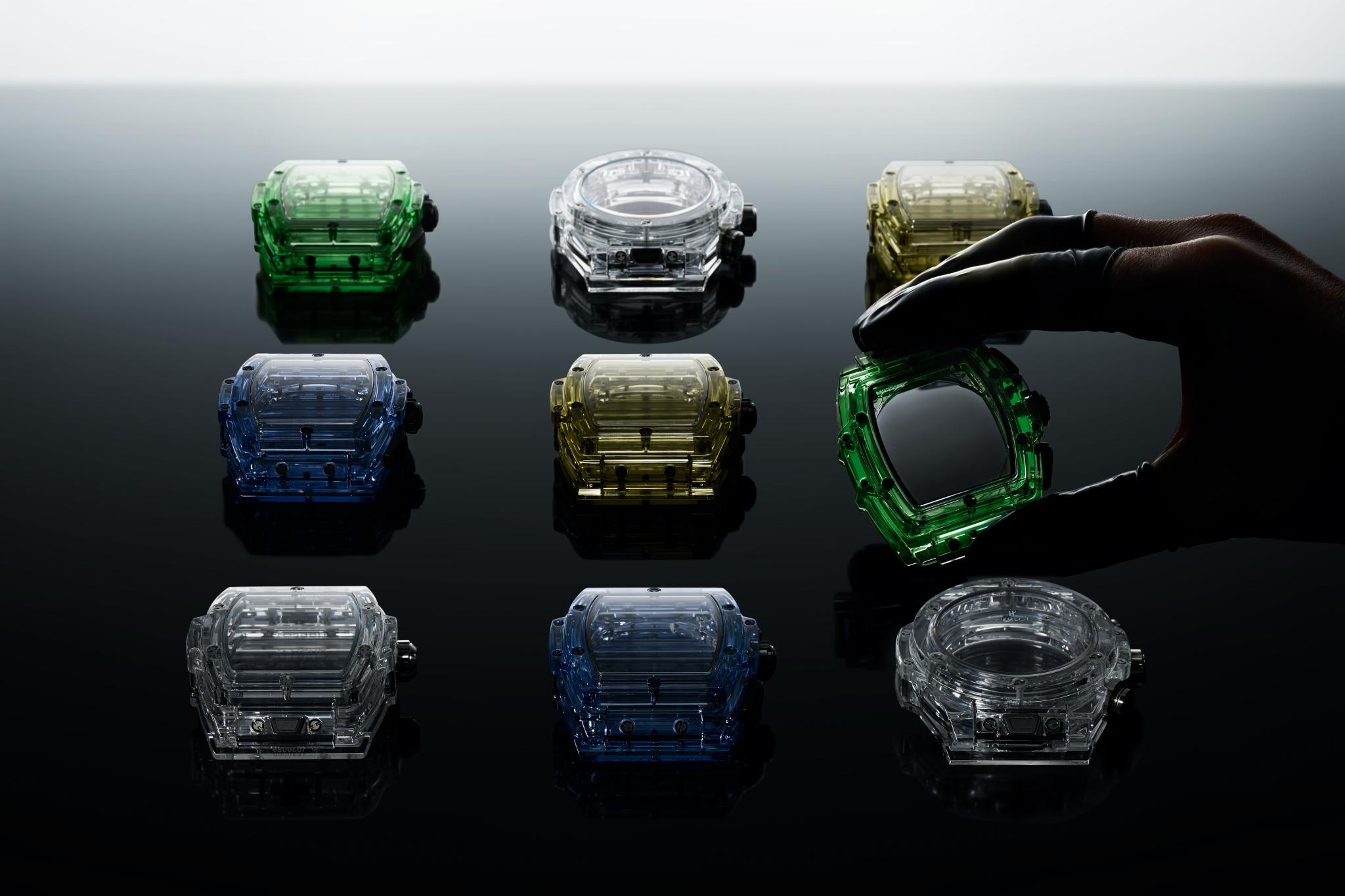 A selection of Hublot's revolutionary sapphire cases.