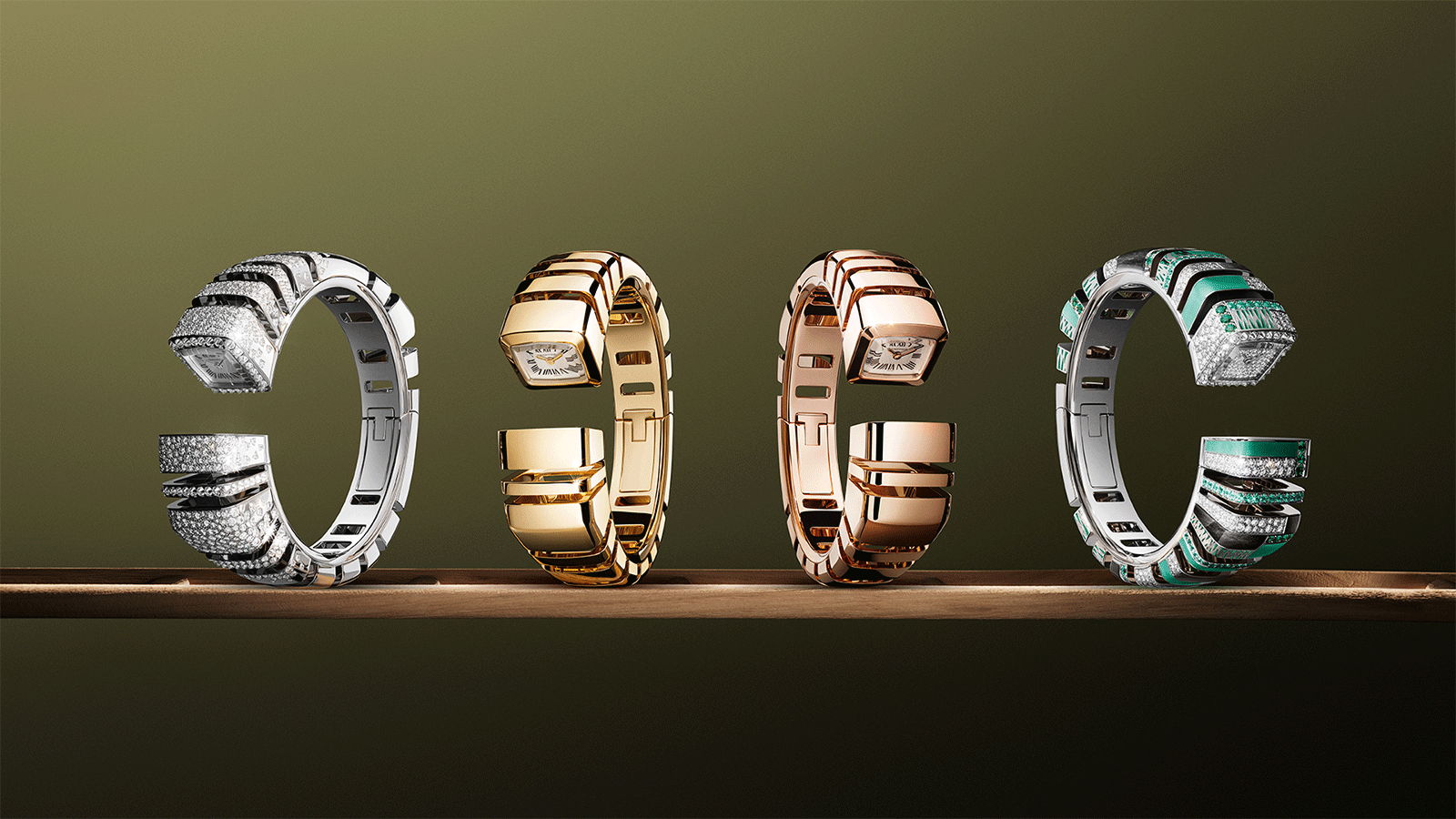Offered in solid yellow gold, solid rose gold, and three variations with gemstones set in white gold, this quartz-driven timepiece is discreetly housed within the cuff's aperture.