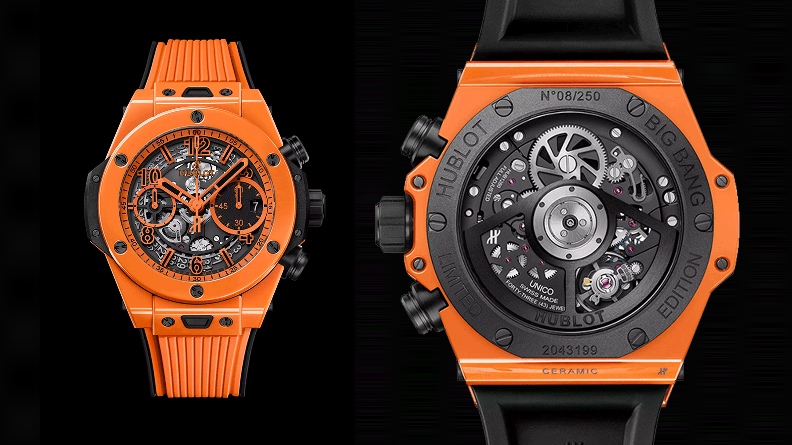 The new Big Bang Unico Orange Ceramic follows in the footsteps of its predecessors. It offers a unique, perfectly uniform colour, whatever exterior component it is used to adorn.