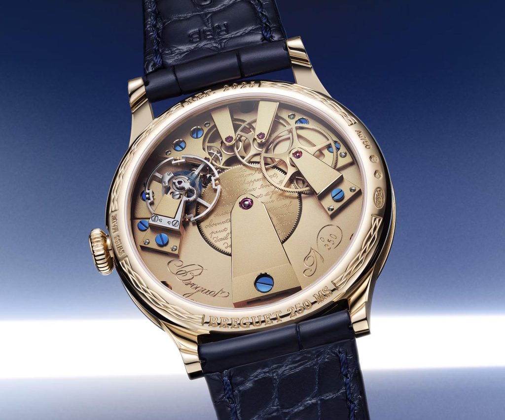 Breguet Classique Souscription 2025 movement showing VS00 calibre with shot-blasted finish, guilloché decoration and engraved ratchet wheel visible through sapphire caseback.