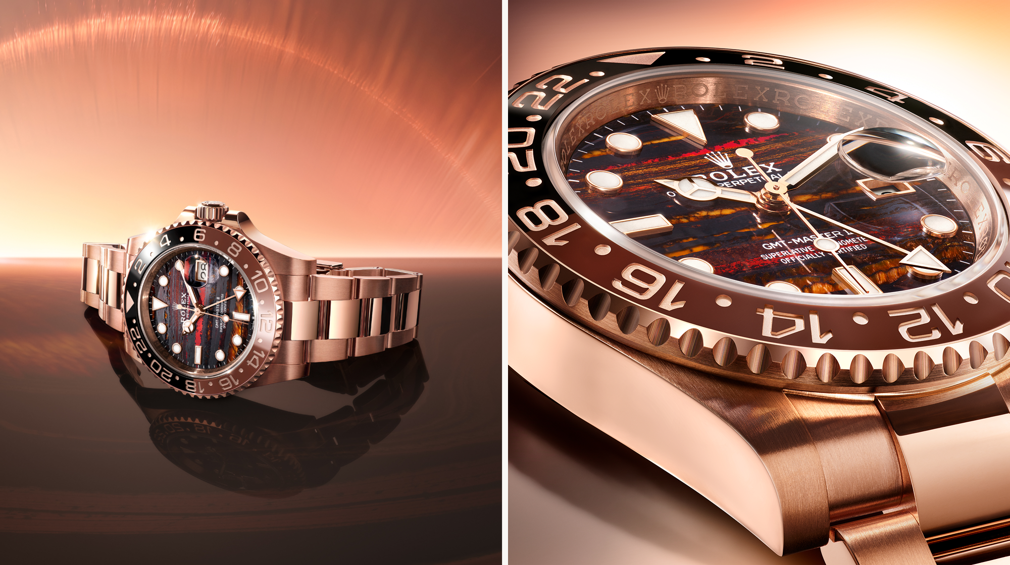 The GMT-Master II in 18 ct Everose gold with a Cerachrom bezel insert in brown and black ceramic is now available with a dial in tiger iron.