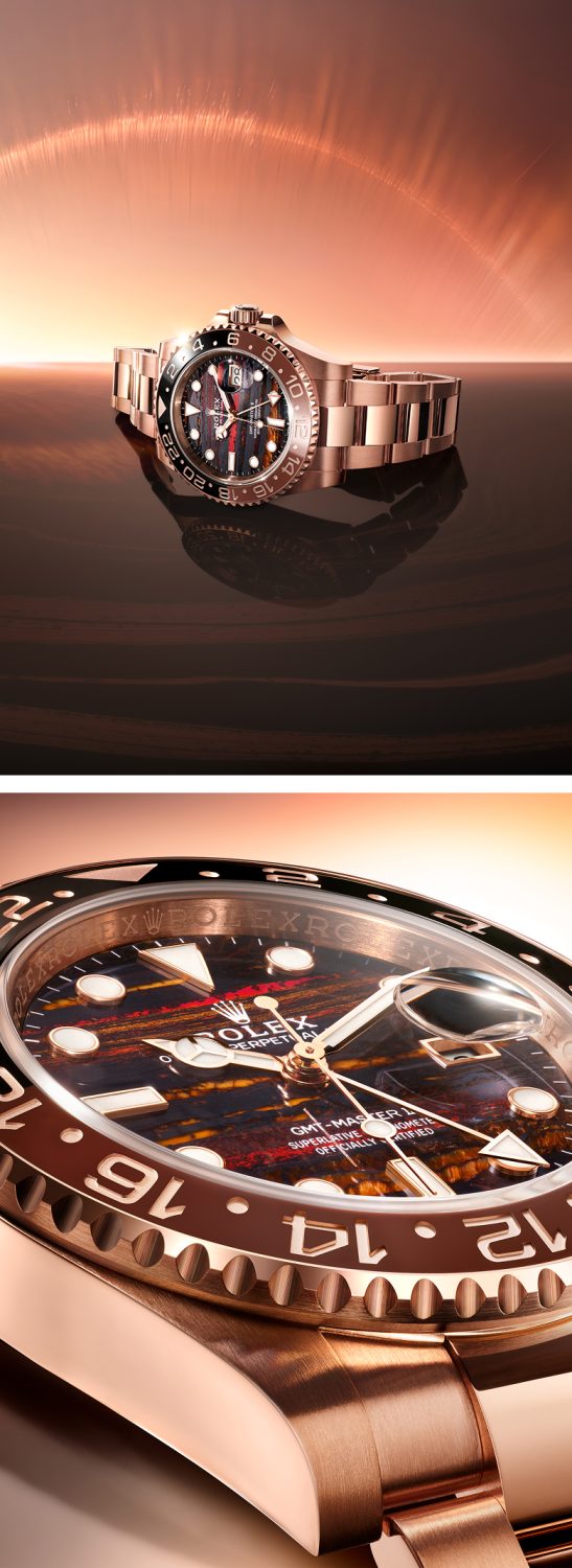 The GMT-Master II in 18 ct Everose gold with a Cerachrom bezel insert in brown and black ceramic is now available with a dial in tiger iron.