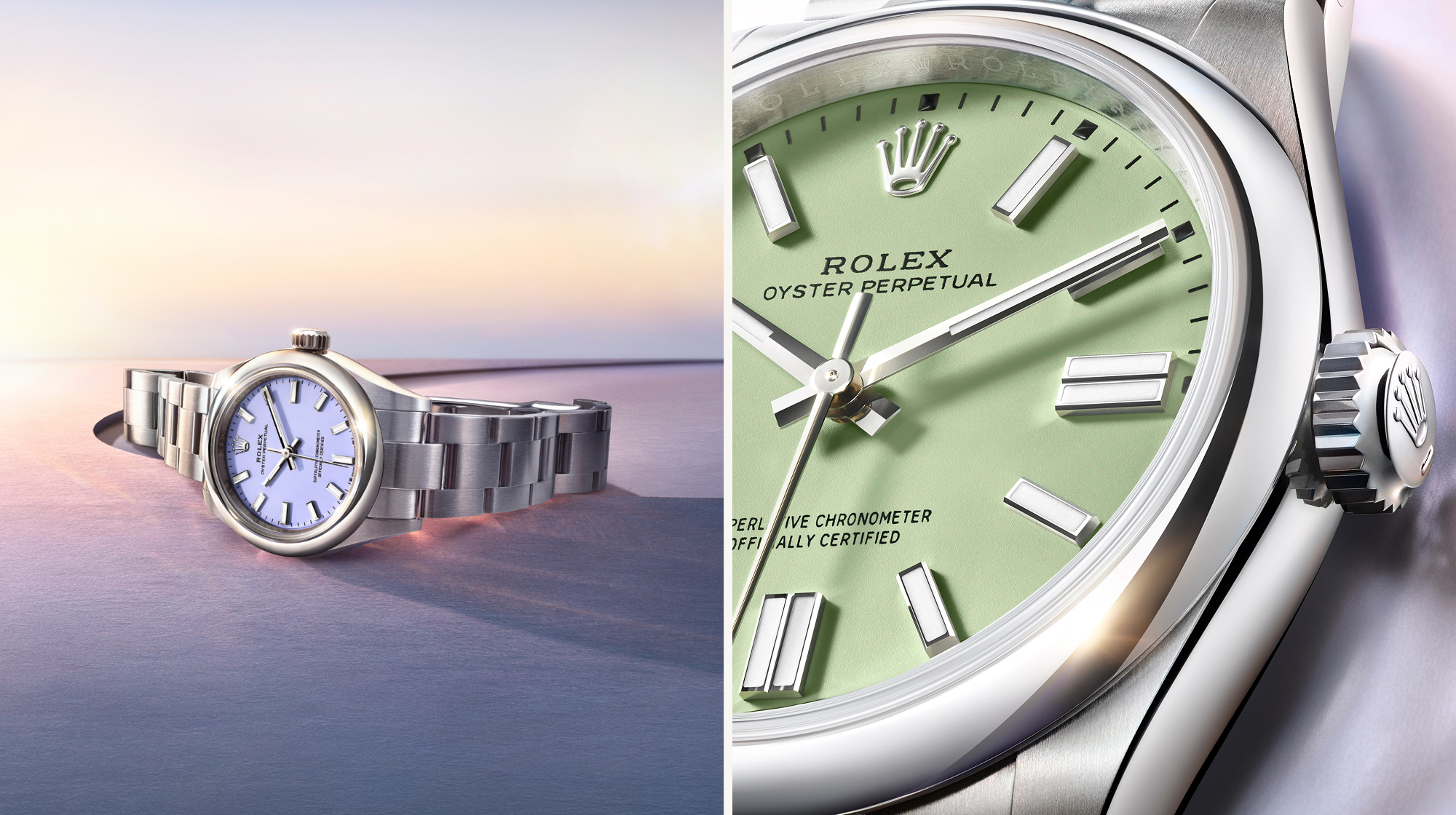 A muted lavender, a warm sandy beige and a fresh pistachio green. The Oyster Perpetual is graced with new faces in an array of colours that celebrate the meeting of pastel shades, vibrant lacquering and a smooth, matt finish.