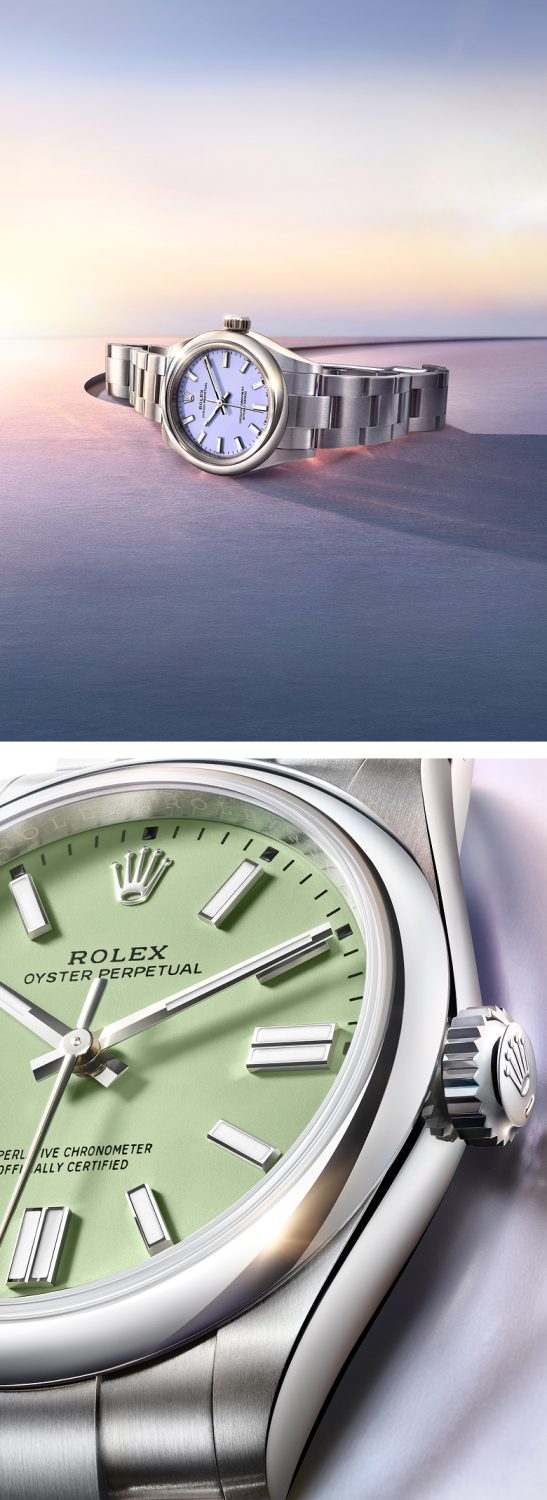 A muted lavender, a warm sandy beige and a fresh pistachio green. The Oyster Perpetual is graced with new faces in an array of colours that celebrate the meeting of pastel shades, vibrant lacquering and a smooth, matt finish.