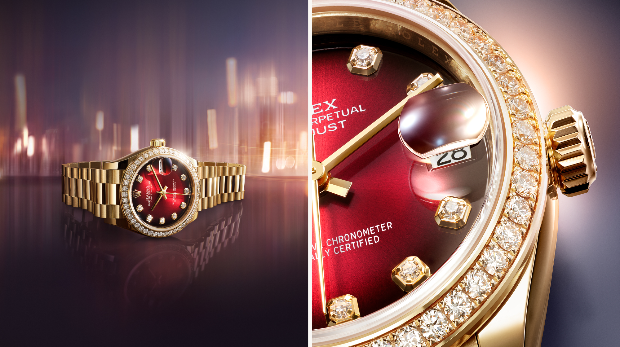 The red ombré dial of the new Oyster Perpetual Datejust 31 presents a subtle transition between the fire at its centre and a deep darkness at its edge – a chiaroscuro enhanced by the sparkling diamonds set on the bezel and dial.