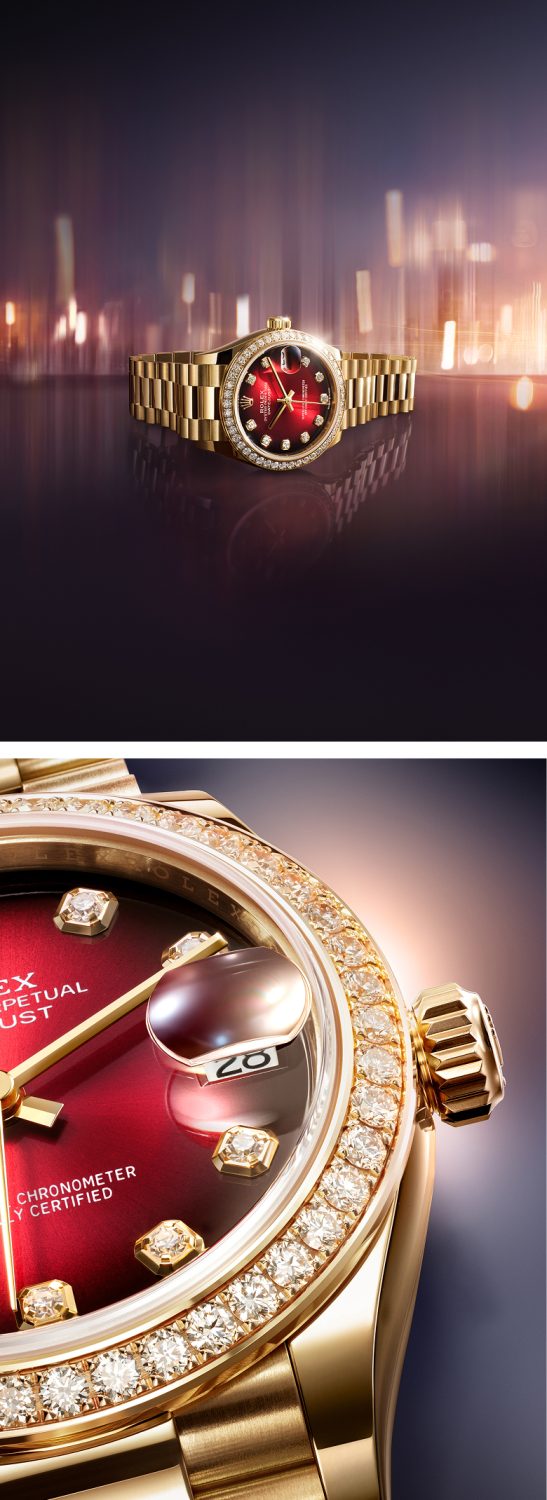 The red ombré dial of the new Oyster Perpetual Datejust 31 presents a subtle transition between the fire at its centre and a deep darkness at its edge – a chiaroscuro enhanced by the sparkling diamonds set on the bezel and dial.