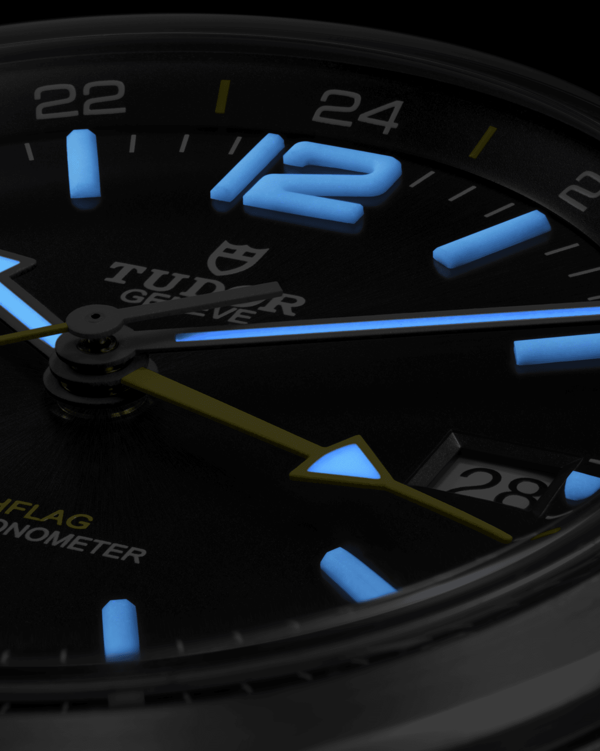 TUDOR Northflag dial in low light with Swiss Super-LumiNova glowing on the hands and hour markers