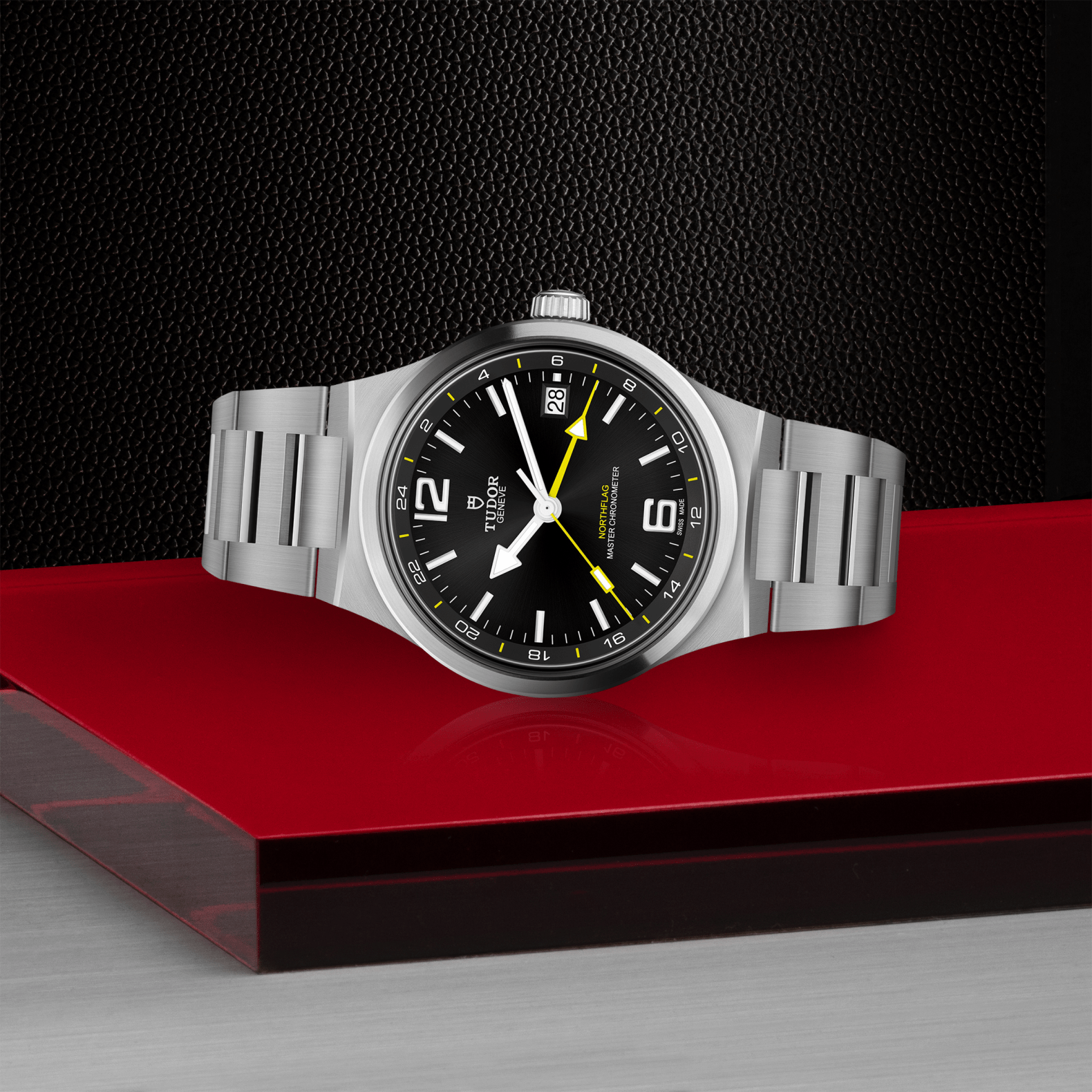 Three-quarter view of the TUDOR Northflag showing its 12.7mm satin-brushed and polished stainless steel case